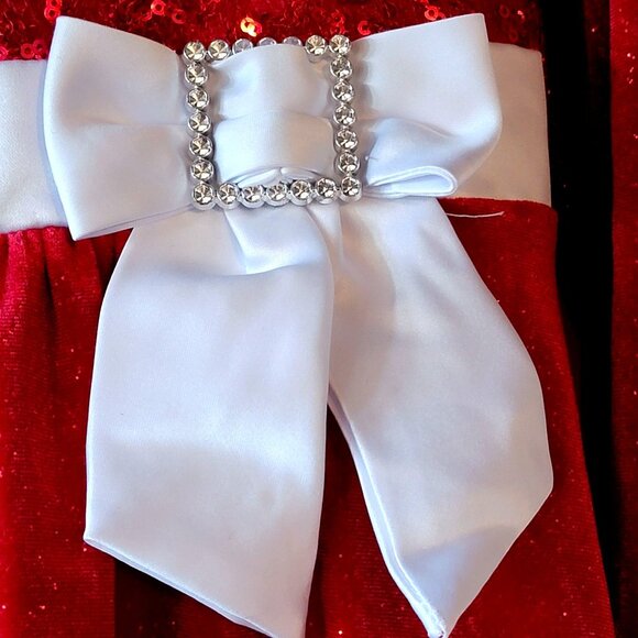 Girls Red & White Long Sleeve Christmas Dress W/ Faux Fur Trim Sequin Top Bow Ac - Picture 7 of 13